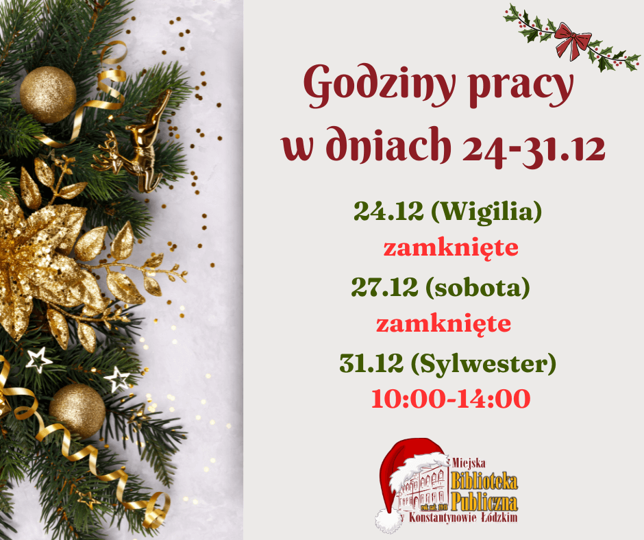 informacja o godzinach pracy w okresie świąteczno-noworocznym